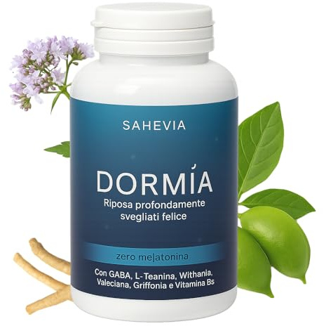 Dormia SAHEVIA Integratore Sonno Senza Melatonina, Favorisce il Rilassamento e il Sonno, con Valeriana, Passiflora, Ashwagandha, GABA, L-Teanina e Griffonia, Risvegli Notturni, 120 Capsule
