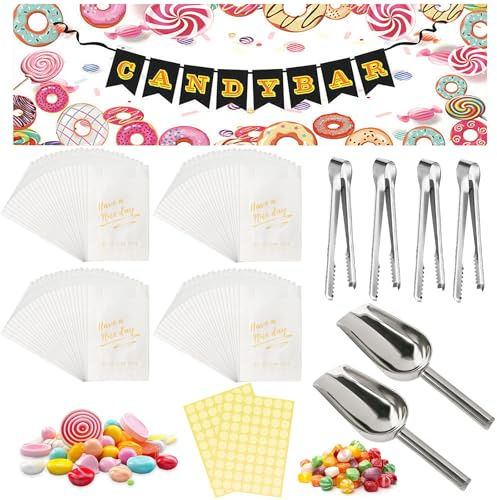 Candy Bar Zubehör Set, 109-teilig mit Bonbontüten, Zuckerzangen Deko Banner | Mit Stickern und Schaufeln, weiße Tüten mit Golddruck. Perfekt für Hochzeit, Geburtstag, Taufe, Baby Shower und Mottopartys