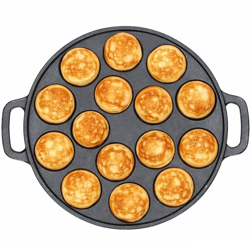 MamboCat Poffertjes Pfanne aus Gusseisen I Schwarz I Ø 24 cm mit 15 Mulden & Henkeln I für alle Herdarten & backofengeeignet I Mini Pfannkuchen Platte, Poffertjes Maker