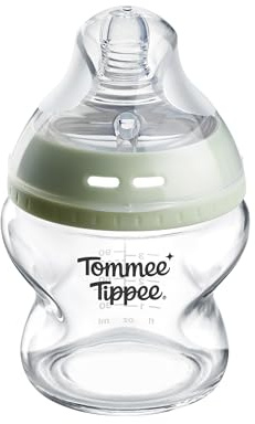Tommee Tippee-Babyflasche, Natural Start Anti-Kolik-Flasche aus Glas, 150ml, 0m+, 1er-Pack, mit Besonders langsam Durchfluss brustähnl. Sauger, Anti-Kolikventil, selbst steril., Zubehör