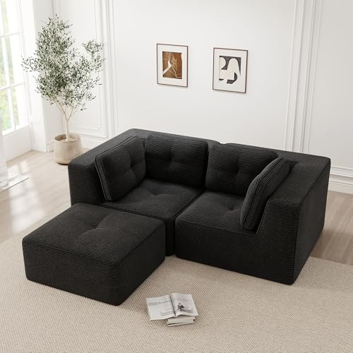 Luscriate Modulares Ecksofa aus Cord, rahmenloses 2-Sitzer Sofa mit 32D-Schaumstoff, frei konfigurierbar, pet-Friendly, rutschfest, für Wohn- & Schlafzimmer, Schwarz 2Sitzer+1 (Black, Eckesofa-2S+1)