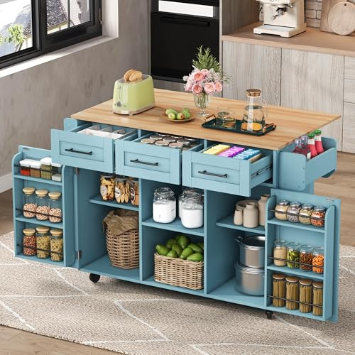 Merax Kitchen Island on Wheels with Foldable Wood Grain Countertop, Kitchen Trolley Cart with 3 Drawers, Storage Cabinets, Mobile Kitchen Island for Dining Room & Kitchen,Blue