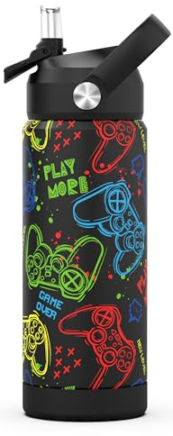 ntskood Boys Game Water Bottle for School，Kids 18 oz Insulated Stainless Steel Cup with Straw, Double-Wall Vacuum Leakproof