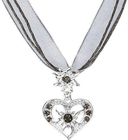 PAULGOS Trachtenkette Trachtenschmuck Halskette Anhänger Herz Trachten Kette mit Strass und Edelweiss in 5 Farben TSK2 (Grau)