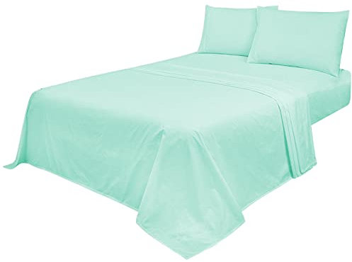 Voice7 Non Iron Mint Green 4pc Sheets Set (Fitted Sheet + Flat Sheet + Pillow Cases Pair) Percale Super Poly Cotton Bedding Sets (Mint Green, king)
