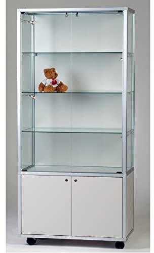 MHN Glasvitrine mit Rollen T 41,5 x B 78 x H 183 cm - breite Ausstellungs-Vitrine mit Unterschrank abschließbar - Glas Vitrinenschrank - Spiegel-Rückwand - ohne Beleuchtung