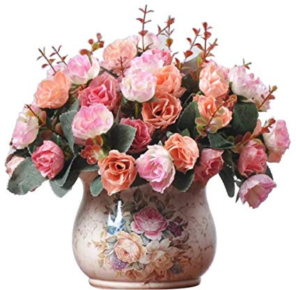 Lot de 2 Bouquets de Fleurs Artificielles Lumenty la Décoration Intérieure-Chaque Bouquet est Composé de 7 tiges Dotées de Feuilles et de 21 Têtes de Fleurs-Style Rétro-Couleur Rose