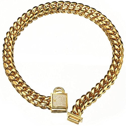 Abaxaca Luxus-Hundehalsband, 18 Karat Gold, kleines Metall, 14 mm Nieten-Schnalle, kubanische Glieder mit Zirkonia-Verschluss, Designer-Miami-Halskette, Ketten-Verschluss-Halsband (30,5 cm)