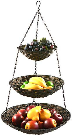 maDDma Hänge-Etagere 3 Etagen Hängekorb Hängeampel Obstkorb Gemüse-Ampel Korb z. Hängen, Polyrattan Ø 25-45cm, Höhe 82cm