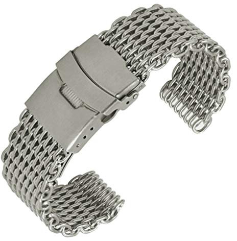 ibasenice Metalluhrenarmband aus Edelstahl mit Haifisch-mesh-design und Faltschließe Langes Muster Silberfarben