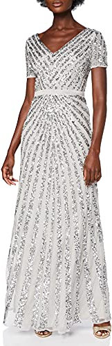 Maya Deluxe Women's Maxi Womens Ladies Embellished Sequin Long Short Sleeve V Neck High Empire Waist Cut Shiny P Bridesmaid Dress, Soft Grey, 14 UK