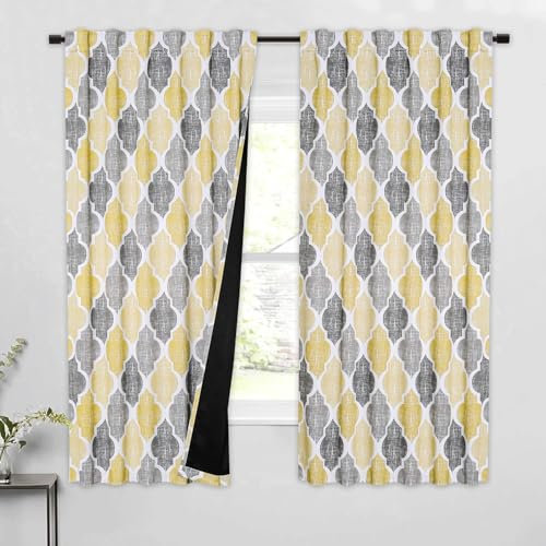 Beauoop Gelb Grau Blickdicht Vorhänge für Wohnzimmer Rautenmuster Verdunklungsvorhang Marokkanisch Geometrisch Abdunkelnd Vorhang Gardinen für Schlafzimmer 2er Set, 130 x 175 cm (H x B)