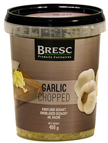 Bresc Knoblauch grob gehackt - 2x 450g - junger Knoblauch, eingelegt in mildem Sonnenblumenöl, küchenfertig für sofortigen Gebrauch, feines und mildes Aroma