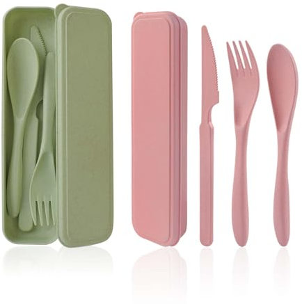 Couvert Plastique Reutilisable avec étui, Couvert Camping Portables, 2 Ensembles Cuillère Couteau et Fourchette en Plastique Couverts pour Lunch Box, Pique Nique et Voyage (Vert+Rose)