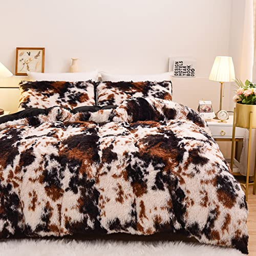 Aimuan Bettwäscheset mit Kuhmuster, flauschig, Batikfärbung, braun/schwarzer Samt, superweiches Kunstfell, flauschig, mit Kissenbezügen (Kaffee-Schwarz, Queen-Size)