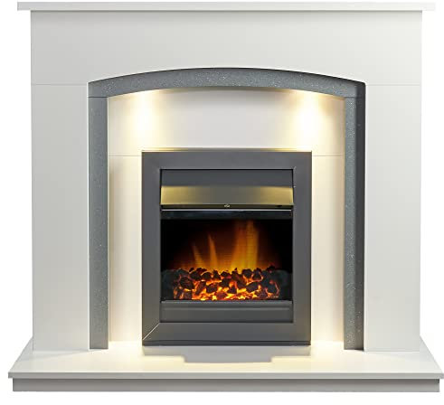 Adam Savanna Fireplace in Pure White& Grey with Downlights & Vancouver Electric Fire in Black, 48 Inch