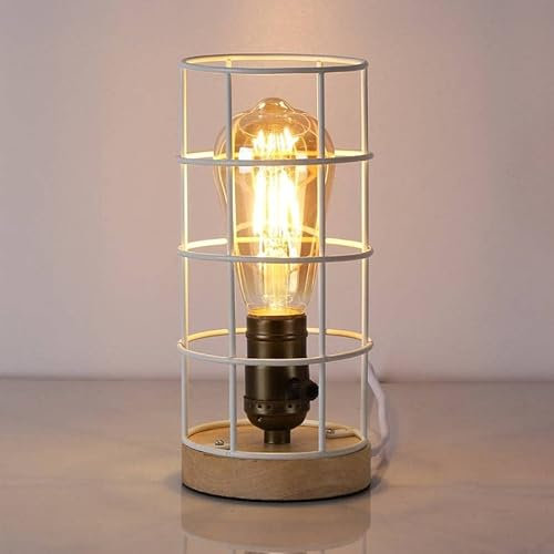 BarcelonaLED Lámpara de Mesa de Madera Natural Vintage Industrial con Jaula Blanca Portalámparas E27 para Salón Dormitorio Mesita de Noche