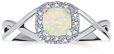 Zarte Zierliche Pave Cz Halo Kreis 1Ct Quadrat Prinzessin Solitär Erstellt Weiß Opal Verlobungsring Mit Infinity-Band Edelstein Ring Für Frauen .925 Sterling Silber Oktober Birthstone