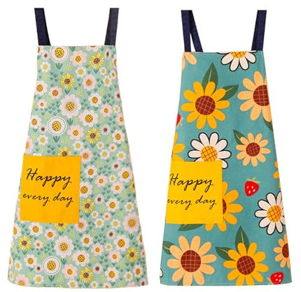 SWINILAYA 2er Küchenschürze Damen - Blumenmuster mit Taschen atmungsaktiv verstellbar für Kochen Gartenarbeit Haushalt