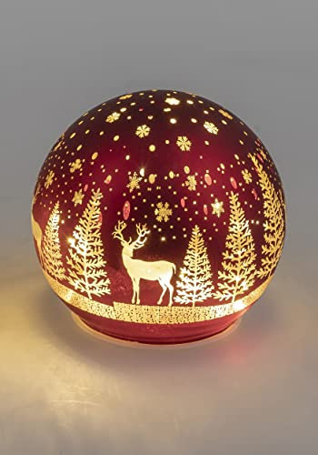 Formano Deko Kugel Licht rot mit Hirsch und Bäume LED-Licht mit Timer Weihnachtskugel Weihnachten (Kugel 12 cm)
