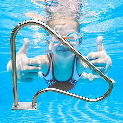 Gebogene Deckshandläufe, Edelstahl-Handläufe für Schwimmbäder - einfach zu montieren, Handläufe für Pooltreppen mit Bodenplatte, silberner Rostschutz