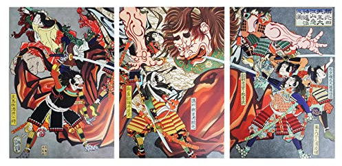 CoolChange Tableau mural traditionnel japonais Ukiyo-e sur panneau de mousse rigide,3 pièces,30x42 cm,Œuvre Tsukioka Yoshitoshi,The Beheading of Shuten Douji by Minamoto no Raiko and his Shitenno