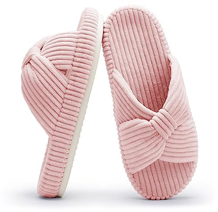 Chantomoo Pantoufles pour femme en mousse à mémoire de forme avec nœud en velours côtelé et bandes croisées,Rose,36/37 EU