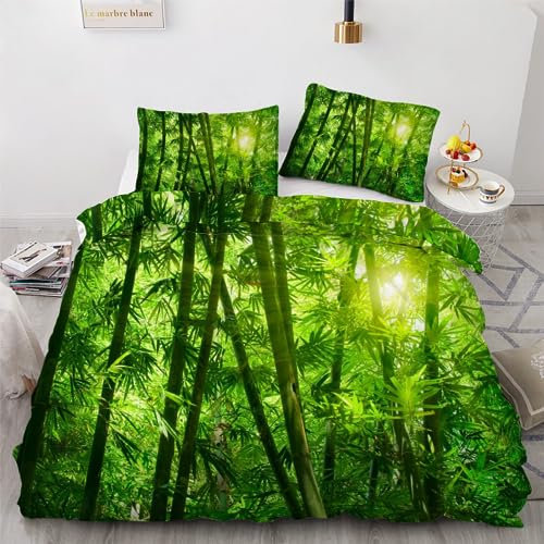 ROUSKI Bettwäsche Bambus 135x200 cm 4teilig 100% Mikrofaser Kinderbettwäsche Grüner Wald Wendebettwäsche mit Reißverschluss 3D Motiv Zimmer Dekor Bettwäsche-Sets mit 2 Kissenbezüge 80x80