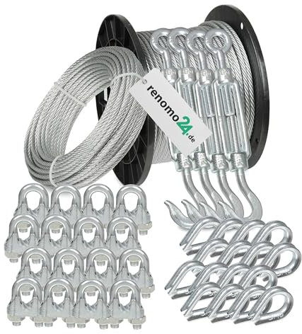 Renomo24 Drahtseil Set 6 - Stahlseil 100m 4mm 6x7 verzinkt, 4x Spannschloss Haken/Öse, 16x Bügelklemmen, 16x Kauschen