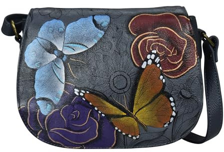 Anna by Anuschka Damen Handbemalte Leder Crossbody Satteltasche, Floral Paradise Charcoal, Einheitsgröße