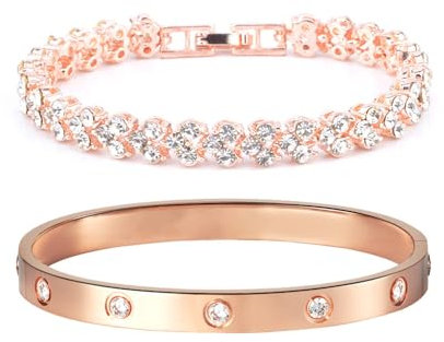 TOFBS Set Bracciale Donna Argento con Zirconi Regolabile Oro Braccialetto Rigido Catena Braccialetti Elegante Set Bracciali per Compleanno Donna Regalo Rosa