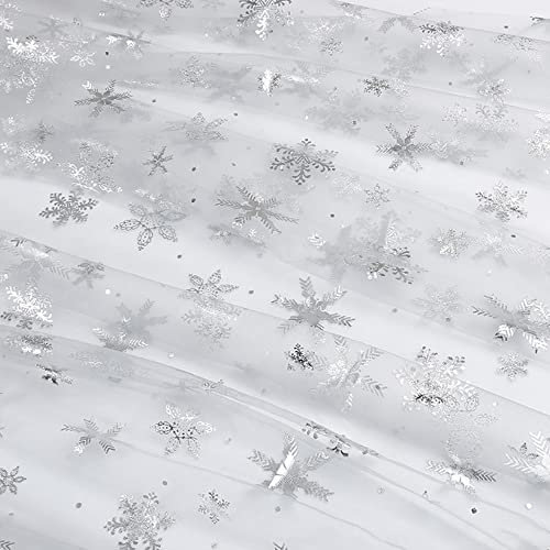 Tüll Stoff 2m* 160cm Glitzer Dekostoff Mit Weihnachten Schneeflocke Kostümstoff Zum Nähen Pailletten Rolle Glitzernder Stoff für DIY Handgemachte Kleidung Geschenkverpackung - Silber