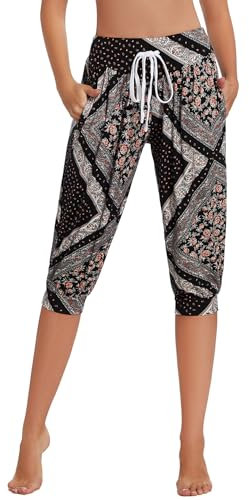 HAPYWER Haremshose Damen Kurz Yogahose 3/4 Lang Capri Sommerhose 3/4 Leicht Sporthose Strandhose Luftige Pumphose Aladinhose für Pilates Yoga S-2XL（Flower73,M