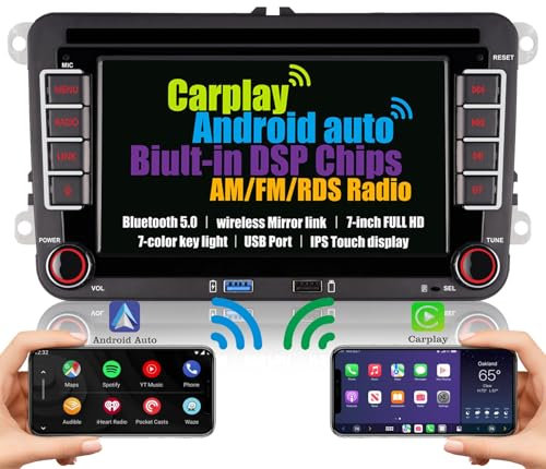 Autoradio für VW Golf 5 Golf 6 Polo Tiguan Passat eos touran linux radio Eingebautes kabelloses Carplay & Android Auto,mit DSP Subwoofer EQ Lenkradsteuerung Bluetooth USB AM FM RDS Radio,7 Bildschirm