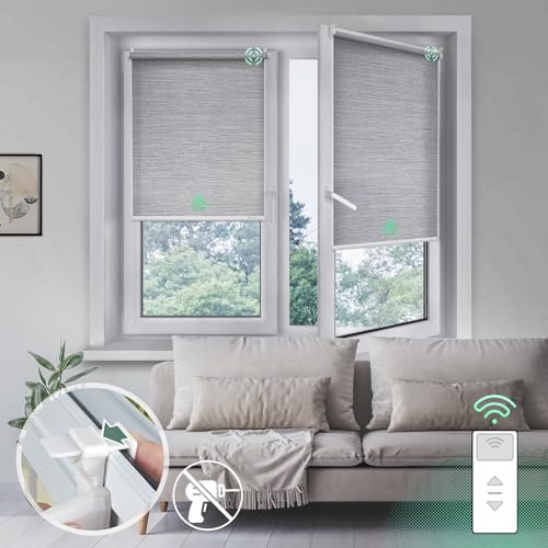 Yoolax Elektrische Rollos mit Motor& Fernbedienung, Klemmfix Rollos für Fenster Ohne/Mit Bohren,Smart Rollo Nach Maß(80% Verdunkelung glänzendes Grau)