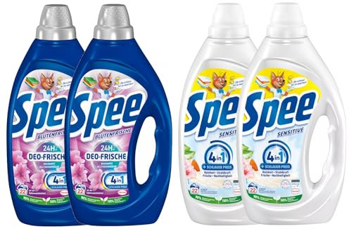 SPEE Gel-Set 4x 22 Waschladungen (88WL) 1x Deo-Frische Blütenfrische, Flüssigwaschmittel & 1x Sensitive, Waschmittel mit 4 + 1 Formel, Waschmittel für Temperaturen ab 20° C