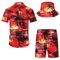 SPKPKEY Hawaii-Hemd und Shorts für Herren 2-teilig, Lässig Button-Down-Shirts Sommer Strand Outfits mit Hüten (Rot und Palme, 3XL)