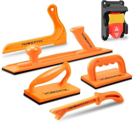 POWERTEC 72101 Push Block and Push Stick 5-pc Set and 120V/230V Safety Locking Switch for Table Saws, Router Tables, Band Saws & Jointers, Hand Protection Push Tools for Woodworking