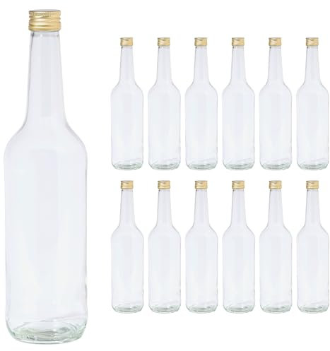 Vitrea 12 leere Glasflaschen 700ml Schraubverschluss Gold - große Flaschen zum Befüllen mit Deckel - für Saft, Getränke, Likör, Öl, Saucen - 12 Stück, PP28, Gradhals