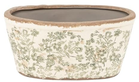 ROCKING GIFTS Maceta Oval de Cerámica Blanca con Flores Verdes en Acabado Antiguo e Imperfecto, Ideal para Plantas de Interior y Exterior, Diseño Vintage, 27 cm