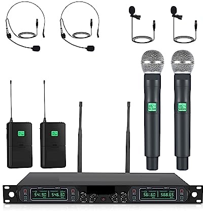 DIGNIFE Microfoni Wireless, Set microfono wireless a 4 canali con microfoni palmari/da ​​tasca/auricolari/a bavero microfonico wireless Church PTU-5000 microfoni e ricevitore wireless