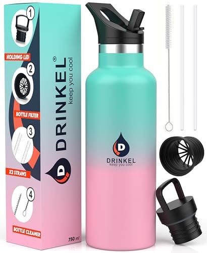 D Drinkel Bouteille d'eau en acier inoxydable avec paille, 750 ml, isothermes sous vide pour le froid et le chaud, sans BPA, bouteille d'eau en métal étanche avec couvercle de maintien supplémentaire