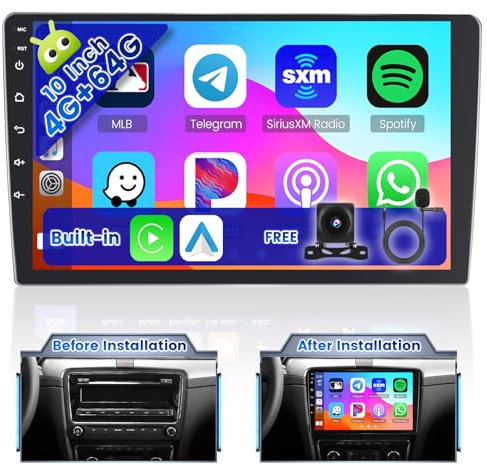 Ohradio 4G+64G Android 15 Radio Coche 2 DIN con Android Auto Carplay inalámbrico Pantalla Táctil de 10 con GPS WiFi FM/RDS USB Bluetooth SWC Cámara de Visión Trasera + Mic