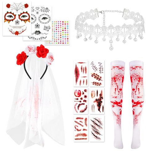 DPKOW Halloween Haarreif Schleier Tag der Toten Gesicht Tattoos Temporäre Halloween Strümpfe Halskette Wunden Kratzer Tattoos Glitzersteine Aufkleber, Halloween Kostüm Accessoires Damen Tag der Toten
