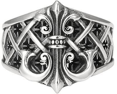 RobertDTesta S925 Sterling Silber Anker Ring, Herren Punk-Stil Vintage Hohlen Templer Kreuzfahrer Silber Ring,Silber,8