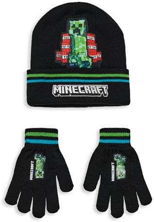 Minecraft Beanie- und Handschuhe-Set für Jungen, Gamer Kids TNT Creeper Graphic Strickmütze und Handschuhe, Schwarz, Einheitsgröße