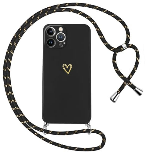 Oelrstfe Handyband für iPhone 12 Pro Hülle mit Band Herz Motiv Handyhülle für zum Umhängen Silikon Stoßfest Ultra Dünn Weich Schutzhülle mit Kordel Necklace Kette Love Muster Case,Schwarz