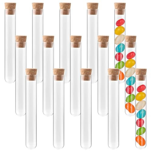 NJCXOLA 15 Piezas Tubos de ensayo cristal, Tubo de ensayo, Probetas vidrio, Tubos de ensayo transparente Tubo Ensayo con Tapones de Corcho, para Especias, Confitería, Laboratorio, 12 x 75mm