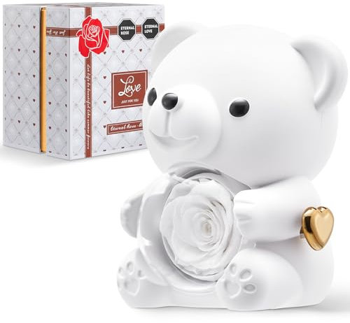 Mikasol Ours en Teddy Romantique Blanc avec Rose Préservée – Une Expression Éternelle de l'Amour – Rose Réelle dans une Élégante Boîte Cadeau – Cadeau Parfait pour la Saint-Valentin, la Fête des Mères