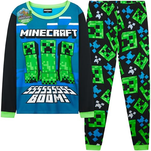 Get Trend Minecraft Boys Pyjamas Set, Long PJs for Kids & Teens, Creeper Loungewear Soft Nightwear, Gamer Gifts for Boys (11-12 Years, Blue/Green Minecraft)